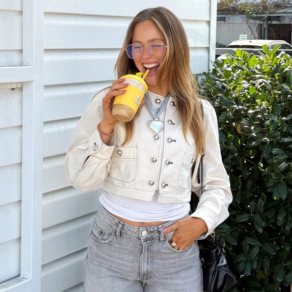 FAITH NAOMI Whitney Cropped Jacket Cream Silver Buttons Medium SOLD OUT NEW - Picture 2 of 11